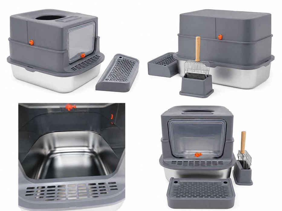 Litieră pentru pisici din inox X-1046 – Închisă, cu suport pentru lăbuțe și lopățică inclusă