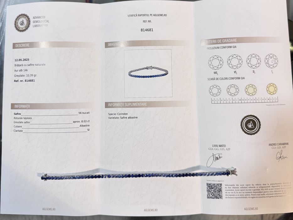 Bratara Tip Tenis Aur Alb 14K 10.39gr Safire Albastre Naturale 8.03 CT