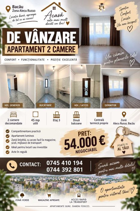 Apartament 2 camere decomandat centrala 45 mp utili et 3 /10 doua balcoane