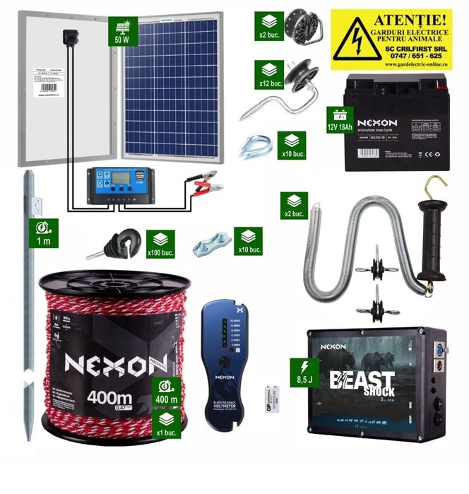 Gard electric nou NEXON, 8.5 J 400 m 160 kg cu  30 Stalpisori lemn 170CM