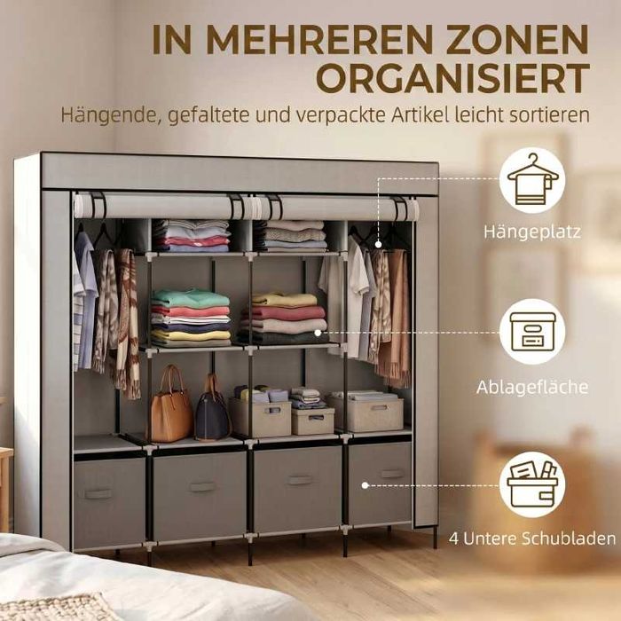 HOMCOM Гардероб от плат, врати, 2 релси за дрехи, 10 рафта, сив