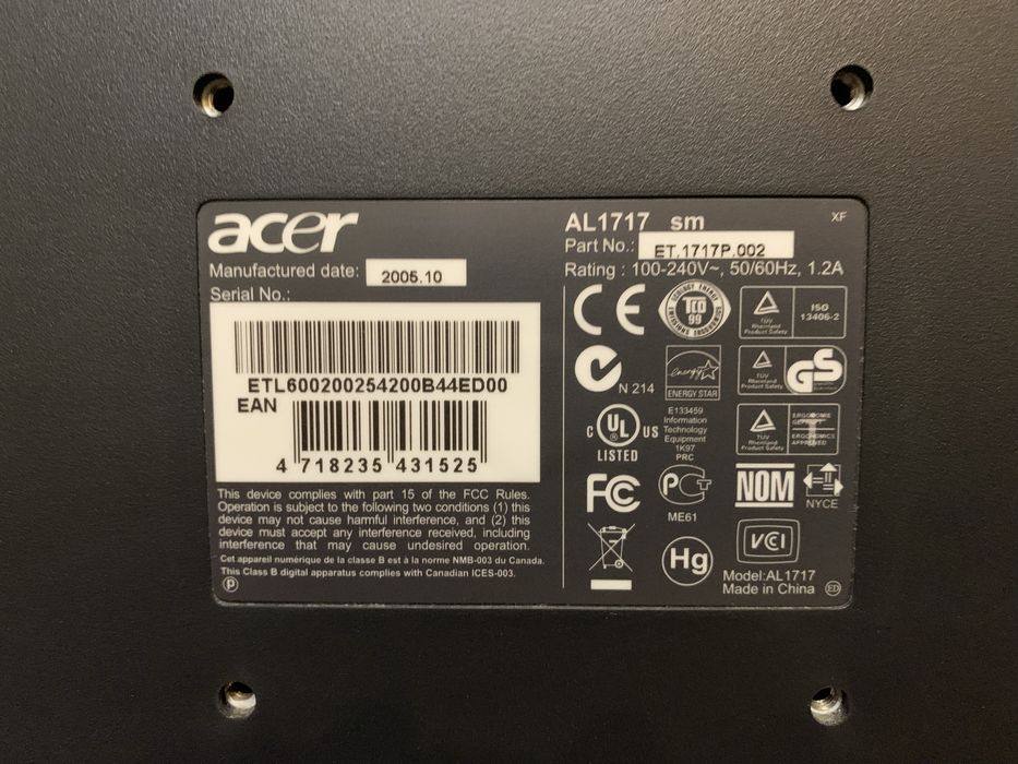 Срочно продам монитор Acer AL 1717