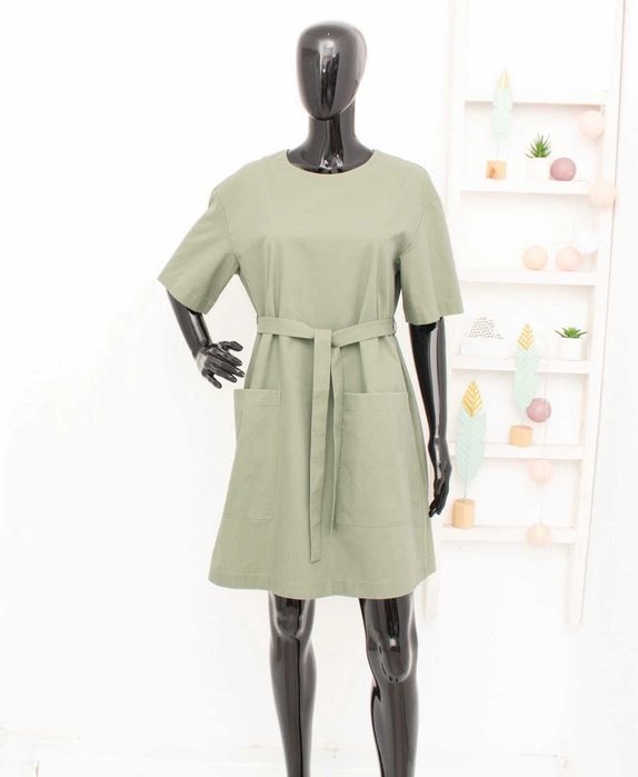 COS оригинална дамска рокля зелена с колан релакс фит памук 36 S