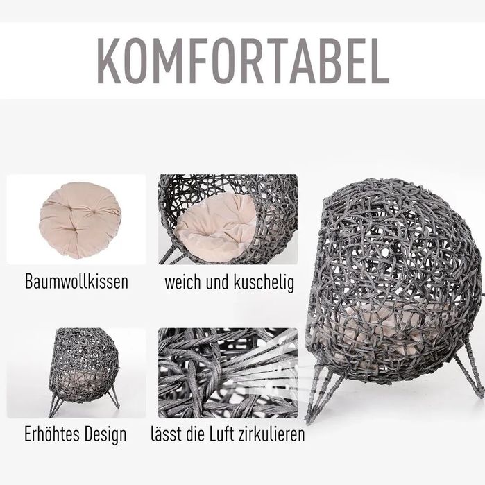 PawHut Къщичка за котки от ратан с възглавница,