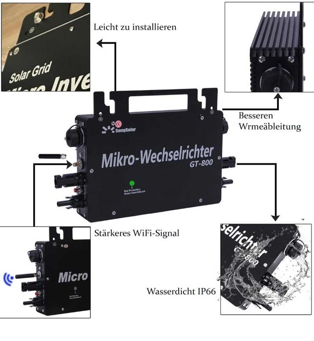 800W микро соларен мрежов инвертор IP65, DC 22-48 V, MPPT,WiFi контрол