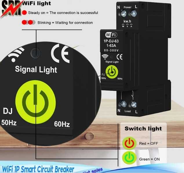 Tuya Wi-Fi предпазител бушон,  63A за DIN шина, електромер, защити