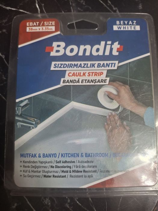 Bandă  etanșare Bondit  3,35m x 38mmbucătărie/bai  38mm x 3.35mm, rezistenta la apă și nu își schimbă culoarea în timp. Cu manual si carte de