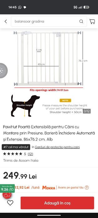 Portița protecție bebe/ animale extensibilă, prin presiune
