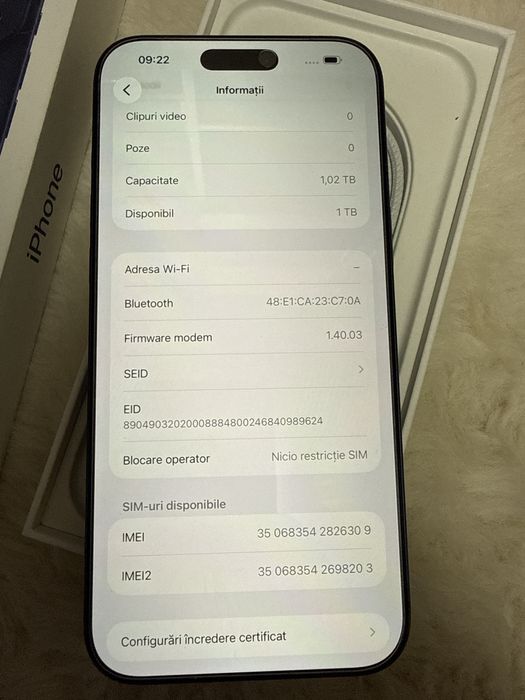 Iphone 17 Pro Max 1TB Gb Full Box Intrtinut 40 cicluri