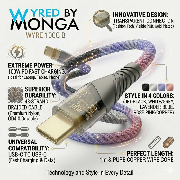 Cablu Încărcare USB-C Wyred by Monga Wyre 100C B, PD 100W 5A, 1m, Alb