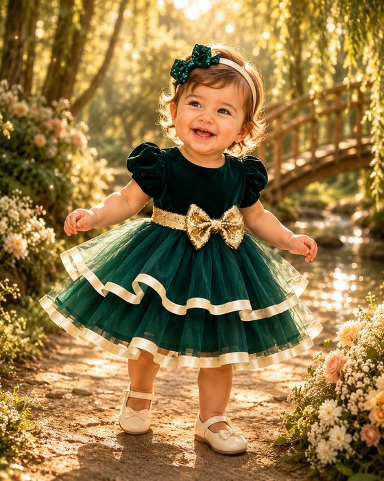 Rochie eleganta pentru fetita, verde smarald cu bentita asortata