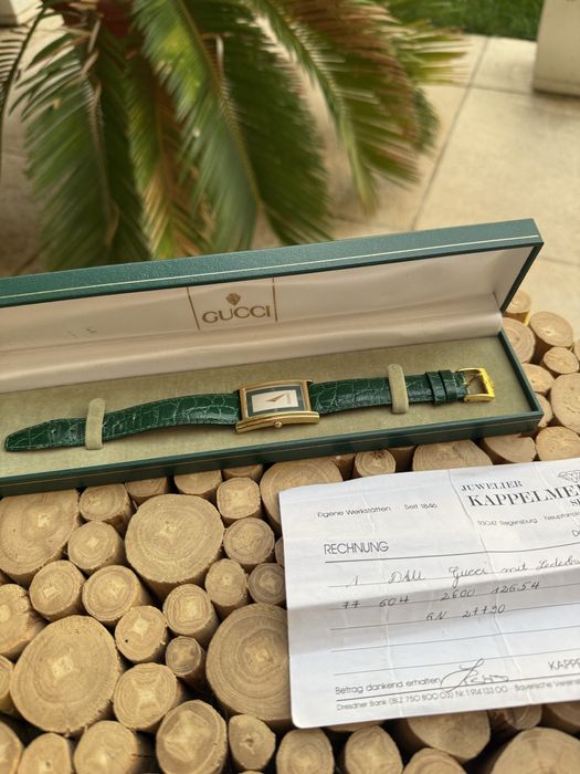ceas Gucci Quartz 2600 , Aur, curea crocodil verde, acte, cutie