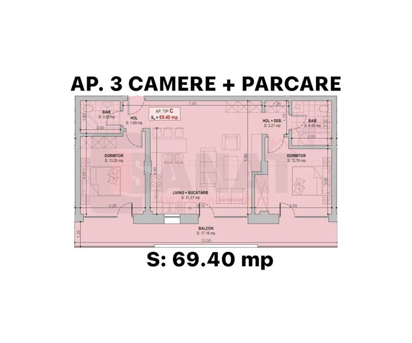 RO/EN Ap. NOU cu 3cam, 86.56 mp, parcare, balcon, 2 bai | DEZVOLTATOR