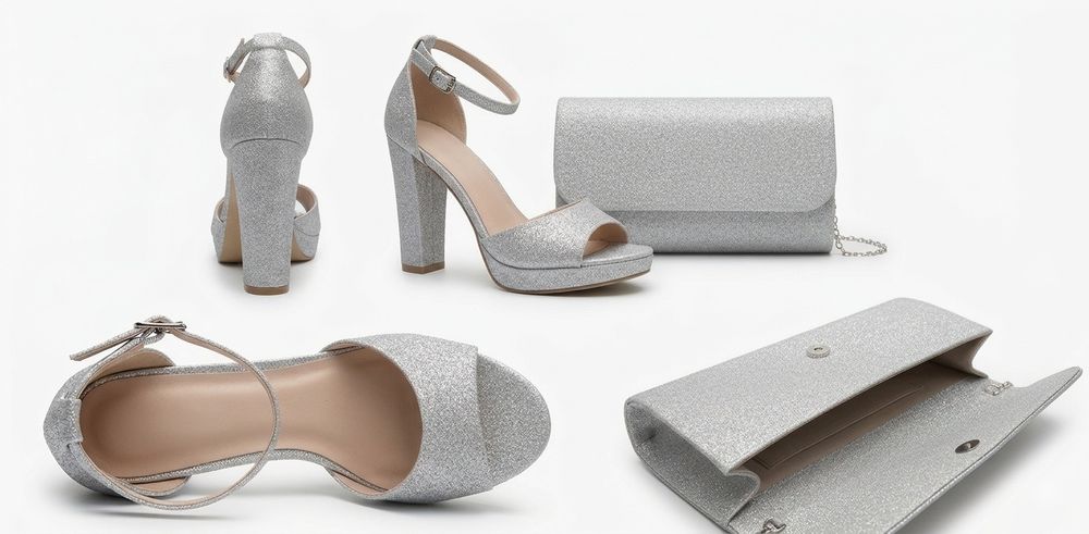 Комплект сребърни обувки на висок ток и чанта