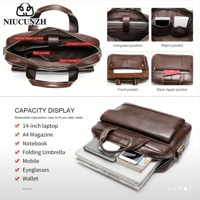 Мъжка кожена бизнес чанта•Ежедневно куфарче за лаптоп15”/-10% Промоция