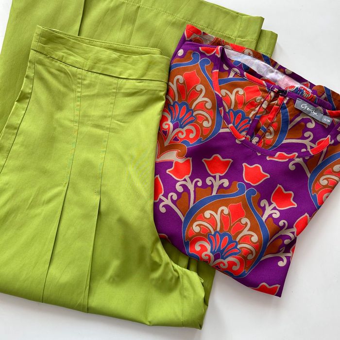 Страхотен сет от широк зелен панталон и цветна туника Geisha