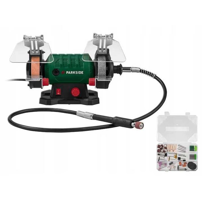 Polizor Dublu Slefuitor Banc Parkside, 120W, ax flexibil, 2 discuri 75mm, set 103 accesorii