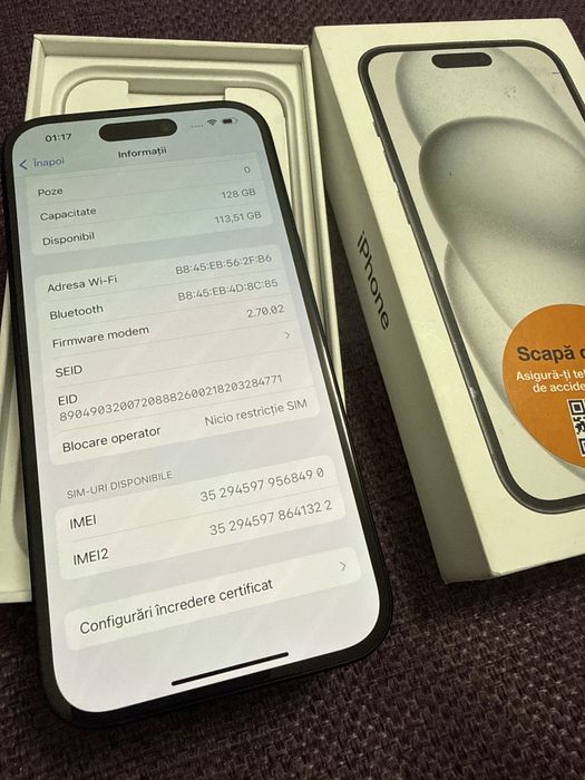 Iphone 15 128GB Nou 0 cicluri desigilat pentru proba