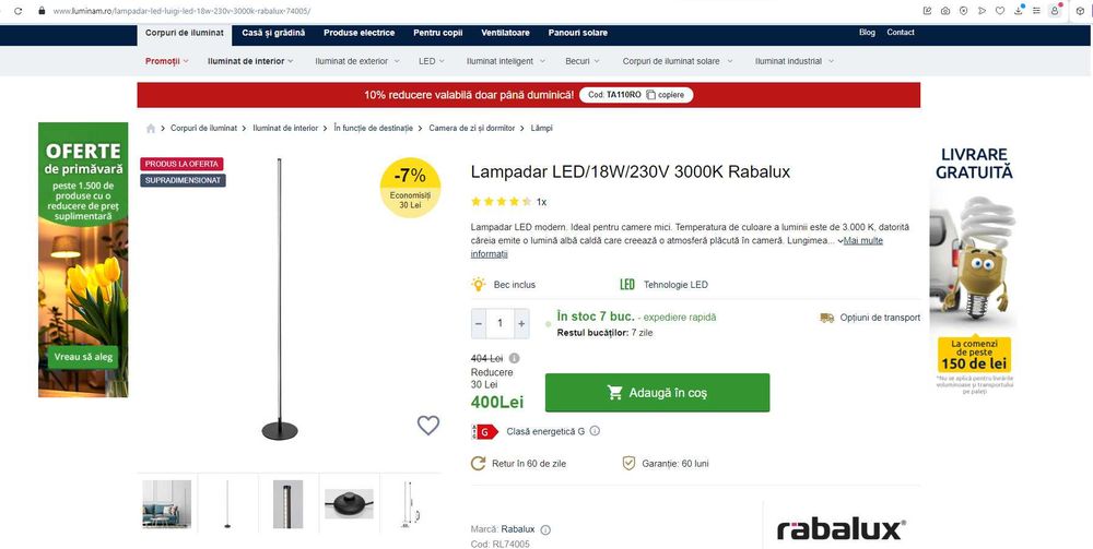 Lampadar STICK podea LED, 3000K, dimmabil, Silver ,REDUS de la 400RON