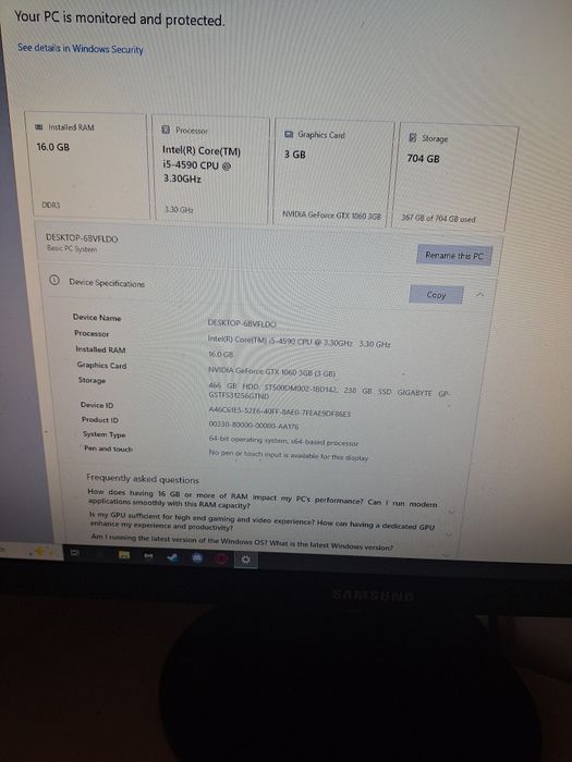 Vand pc gaming 16gb ram,i5-4590  3.30 GHz nvidia geforce GTX 1060 3 Gb