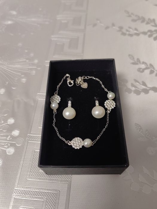 Set argint cercei brățară cu perle + cutie cadou