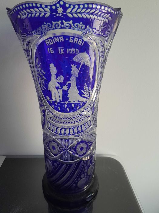 Lot 3 vaza fructiera cristal albastru Bohemia Sticla Turda