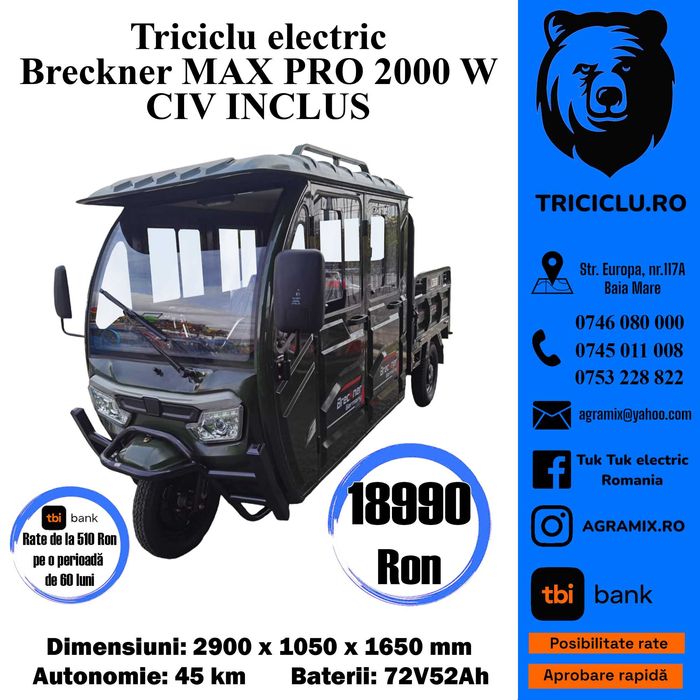 Triciclu electric Max cu cabina inchisa Max-Pro 2000 W fara permis