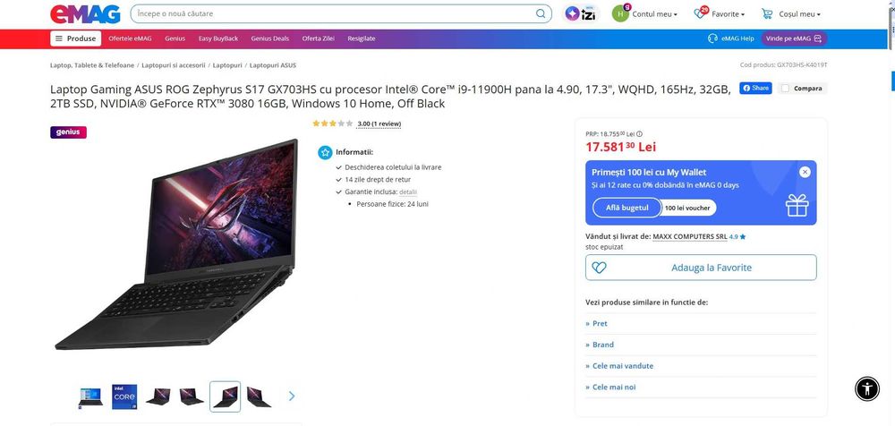 Laptop Gaming ASUS ROG Zephyrus GX703HS , i9 11900h , rtx 3080 de 16 gb /256 biti -garantie