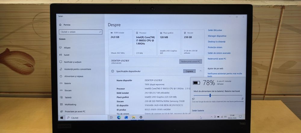 Laptop Lenovo Thinkpad T490_i7 8665U_24GB DDR4_SSD 256GB PCie M2_10/10