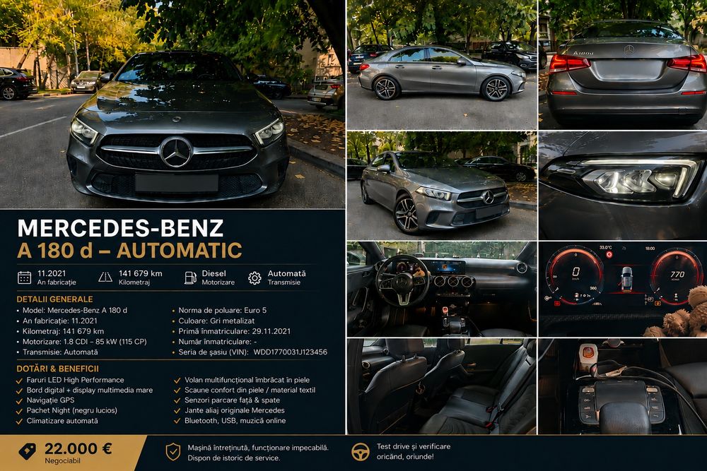 Mercedes-Benz A 180 d Sedan | 2.0 Diesel | Automat | 141.679 km | LED | Digital Cockpit | 29.11.2021 |
