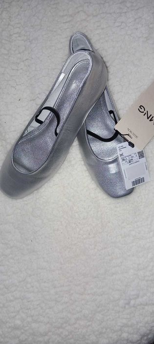 Balerini de piele Mango argintii marimea 38