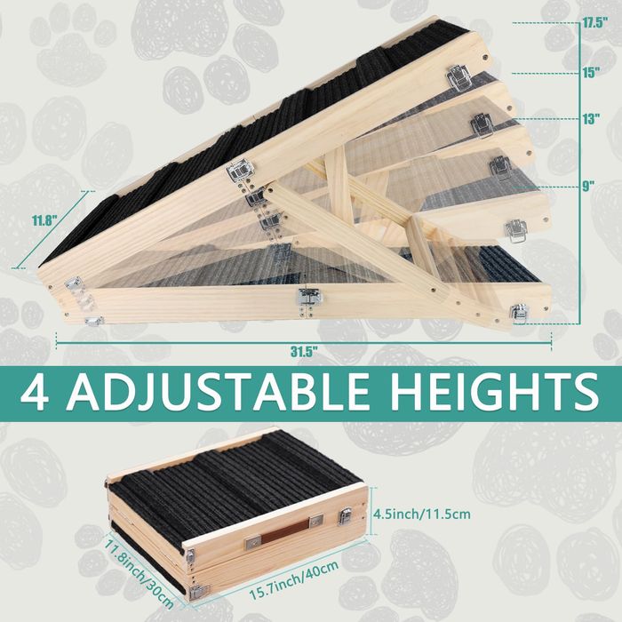 Rampa din lemn pentru animale de companie, pliabila, 4 trepte de inaltime 23 ? 44 cm, cu covoras antiderapant, negru