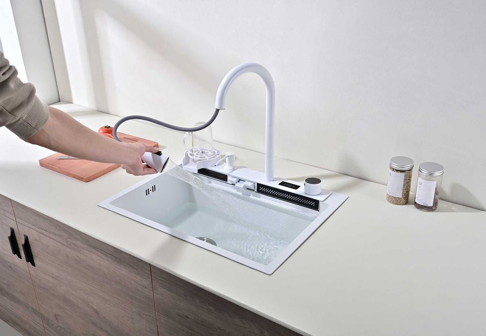 60см Бяла мултифункционална кухненска мивка с двоен водопад