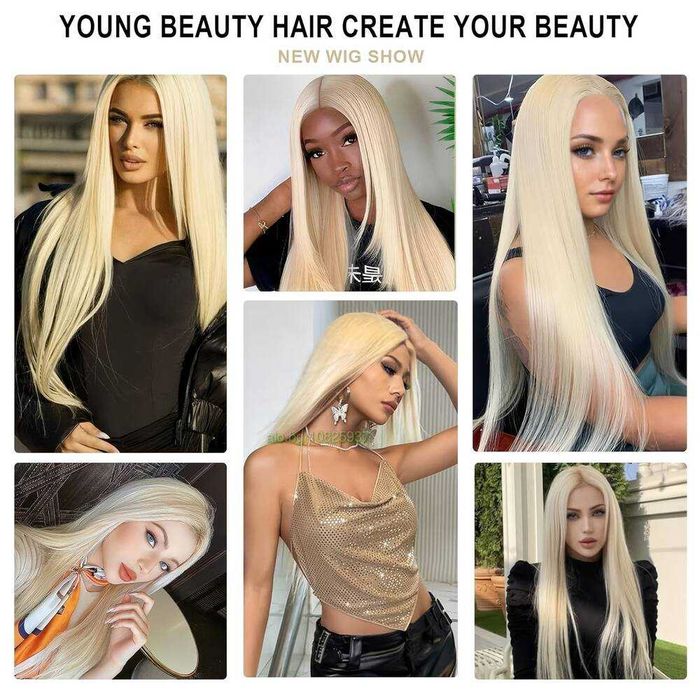 Перука 80 см - платинено светло руса, дълга права, синтетична, с път