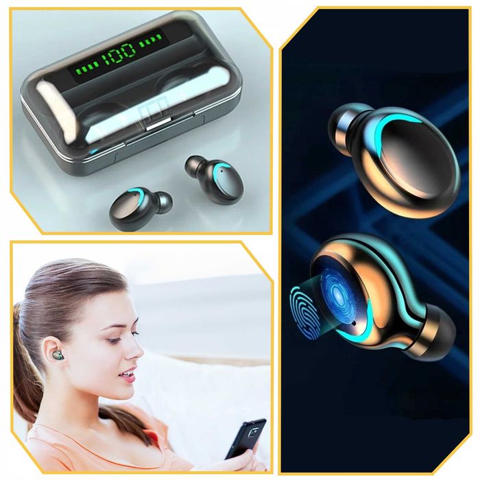 Casti wireless Bluetooth powerbank TWS microfon control tactil 6 ore