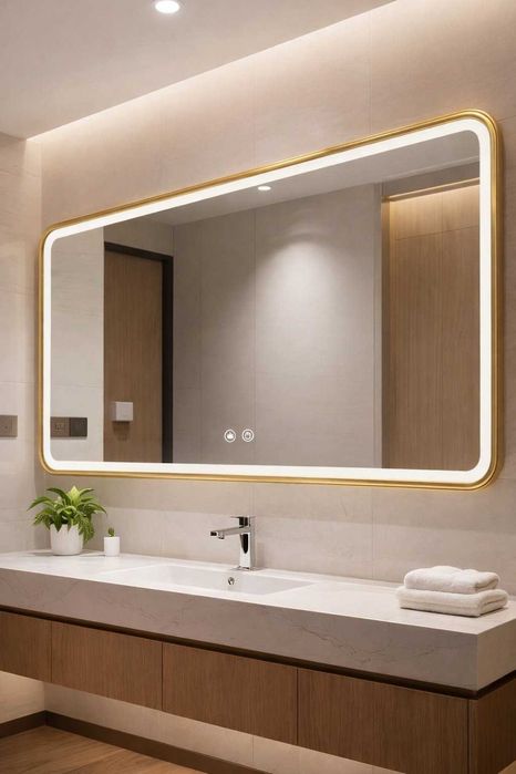 Зеркало для ванной с подсвет3 цвета с металлической оправой.