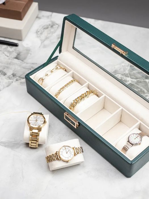 Шкатулка для часов и украшение 6 слотов, зеленая