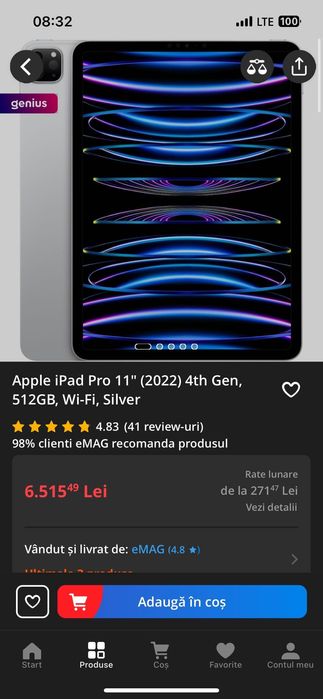 Apple IPad Pro 11” (2022) 4th Gen, 512 GB, WI-FI, silver