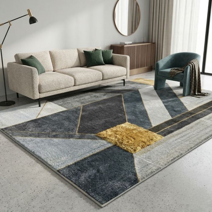 Модерен килим за хол 120х160см - Геометрично сиво със жълт квадрат и 3