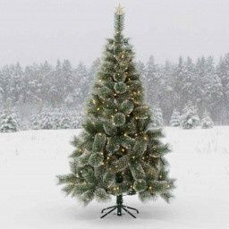 Коледна елха с бели заскрежени връхчета.