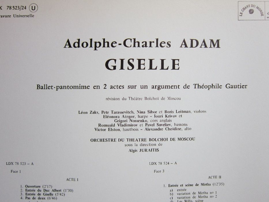 vinil Adam"Giselle"Balet 2 Actes Bolsoi Moscova-Algis Juraitis 2LP