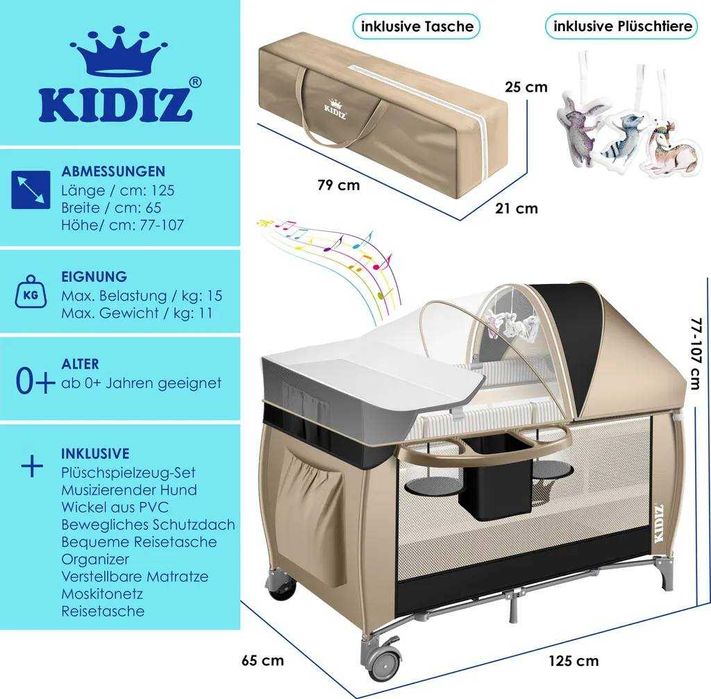 Pătuț Copii Muzică, Jucării, Masă de Schimb și Geantă Călătorie