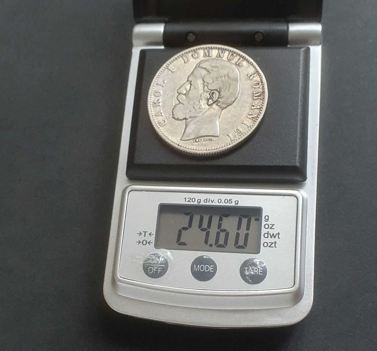 Moneda 5 lei 1880 argint, varianta cu gravorul pe cercul perlat.