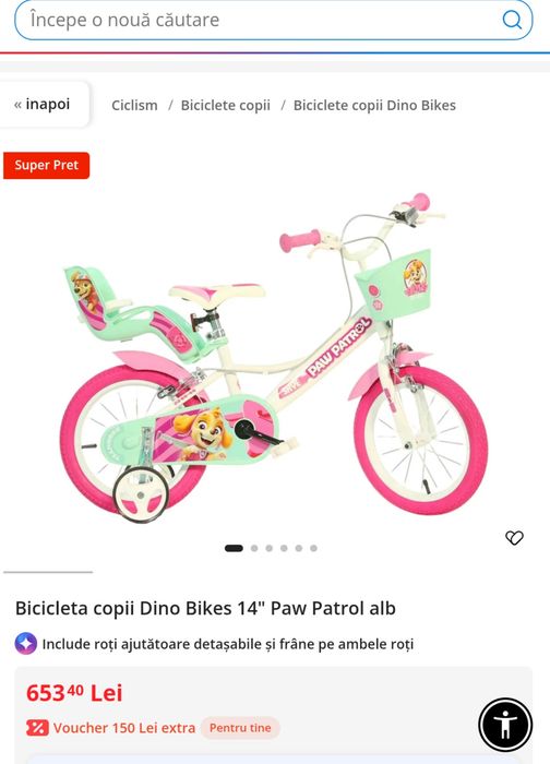Bicicletă 14 inch fete 4 5 6 7 ani Unicorn Roz Dino