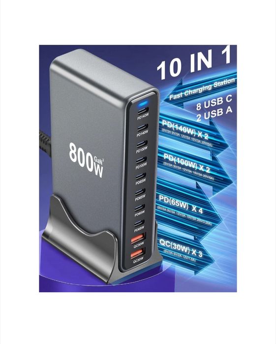 Statie de incarcare 800W GaN III Pro 10 Porturi, 8 USB-C & 2 USB-A, PD 140W