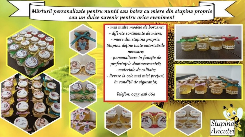 Marturii pentru nunta sau botez, cu miere din stupina proprie