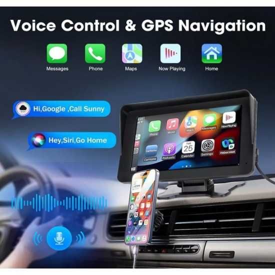 Преносим 7" безжичен CarPlay и Android Auto тъчскрийн с Bluetooth, GPS