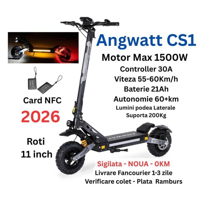 Sigilata Noua‼️ANGWATT CS1‼️NFC‼️Motor 1000W‼️60Km/h‼️Roti 11inch‼️Baterie 21AH Autonomie 65+Km