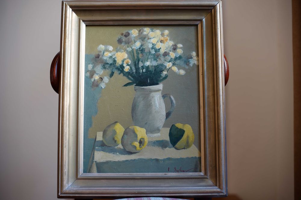 Tablou original 1983 Liviu Suhar 38,5 x 29,5 cm „Flori și gutui“ ulei pe carton