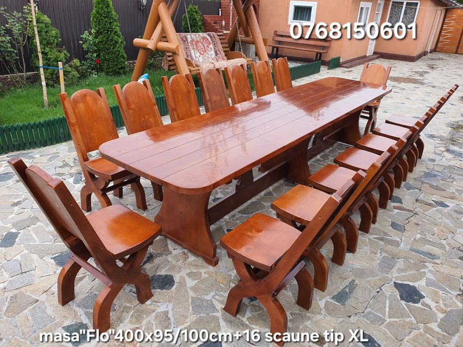 Masa cu  14 sau 16  scaune . Mobilier rustic . Mese si scaune. Masa 4m
